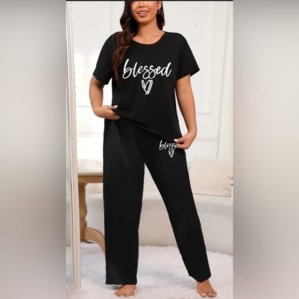 Women’s Plus Size Casual Lounge Set “Blessed” on pants and top 3X black